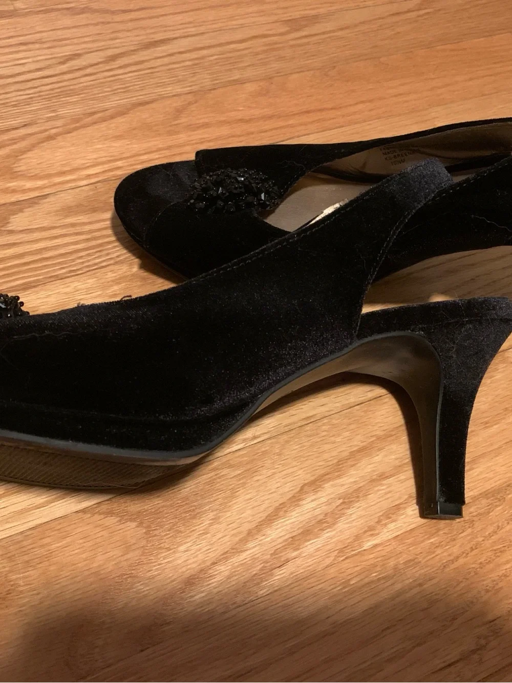 Karen Scott Black Velvet Slingback Peep-Toe Heels with Beaded Cluster